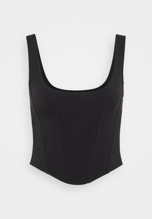 Black sleeveless top with a square neckline, made of stretchy fabric. Features seam detailing and a fitted silhouette. Smooth texture.
