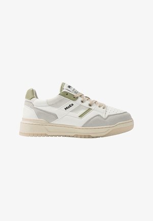 White sneaker featuring gray and olive accents, textured fabric and smooth overlays, lace-up design, and a thick beige rubber sole.