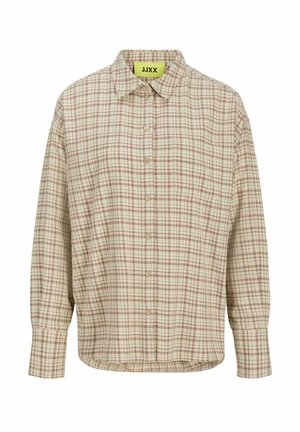 Chemise beige à carreaux avec boutons et manches longues, dotée d'un col pointu et d'une petite poche poitrine. Fabriquée en tissu léger avec une coupe décontractée.