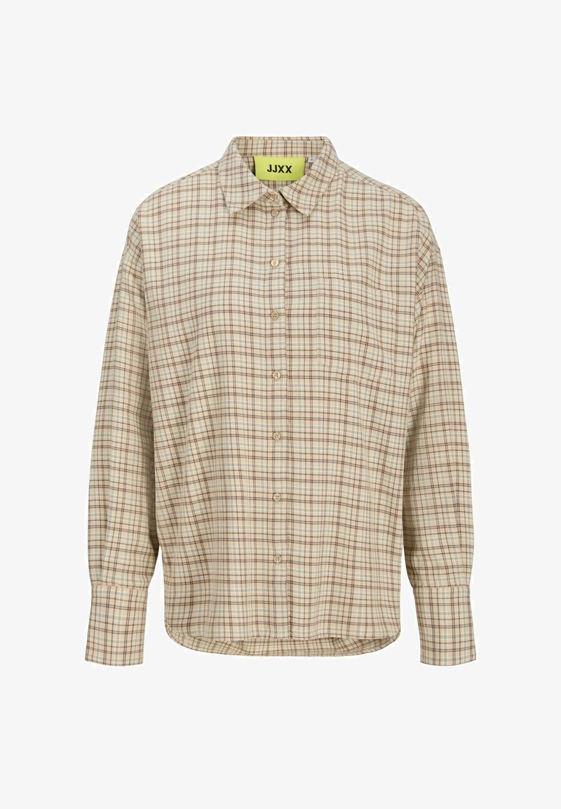 Chemise beige à carreaux avec boutons et manches longues, dotée d'un col pointu et d'une petite poche poitrine. Fabriquée en tissu léger avec une coupe décontractée.