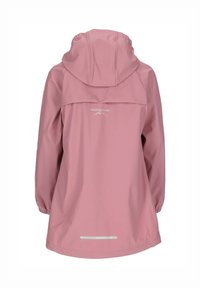 Veste rose imperméable avec capuche, poignets élastiques et un ourlet réfléchissant. Présente un logo dans le dos et un design à coupe décontractée.