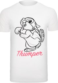 Hvit T-skjorte med en svart konturillustrasjon av en kaninfigur, "Thumper," med navnet "Thumper" i rosa skrift.