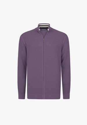 Purple zip-up cardigan with a textured knit pattern, ribbed collar, and cuffs. Features a zip closure and subtle striped detail at the neckline.