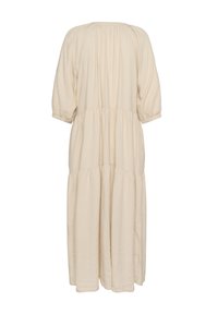 Rochie midi bej, ușoară, cu volane, cu mâneci pufoase, cu corset gathered și o croială confortabilă, realizată dintr-un material respirabil.