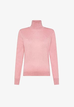 Maglione collo alto di un rosa pallido in morbido tessuto a maglia, con maniche lunghe, polsini a coste e orlo a coste. Design semplice e minimalista.