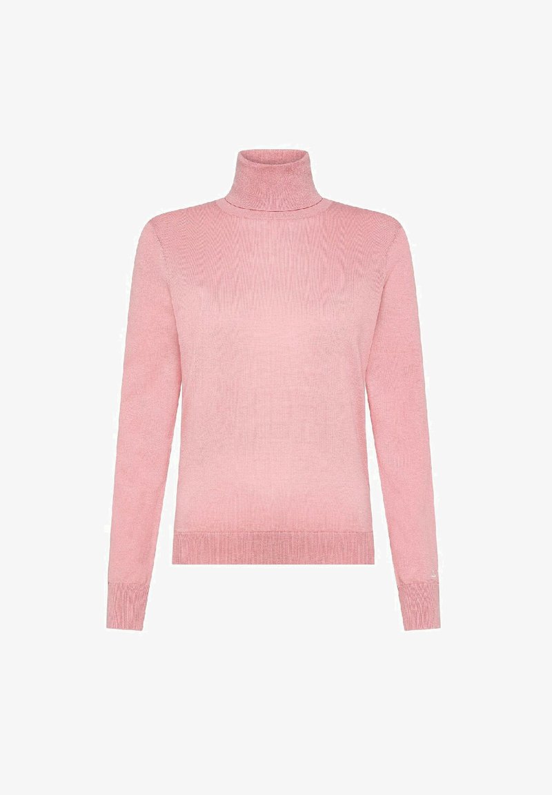 Maglione collo alto di un rosa pallido in morbido tessuto a maglia, con maniche lunghe, polsini a coste e orlo a coste. Design semplice e minimalista.