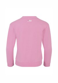 Felpa rosa con maniche lunghe, colletto rotondo, polsini e orlo a coste, con un piccolo logo Fila bianco sulla parte superiore della schiena. Texture liscia.