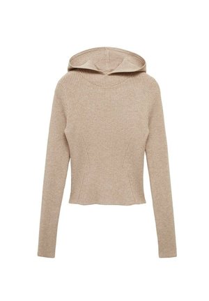 Light beige ribbed hoodie with long sleeves, a round neckline, and a subtle texture. The fit is cropped and has seam details.