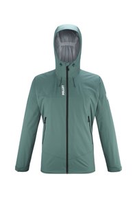 Veste imperméable verte avec capuche ajustée, poches zippées, logo discret sur la poitrine et texture de tissu lisse et léger.