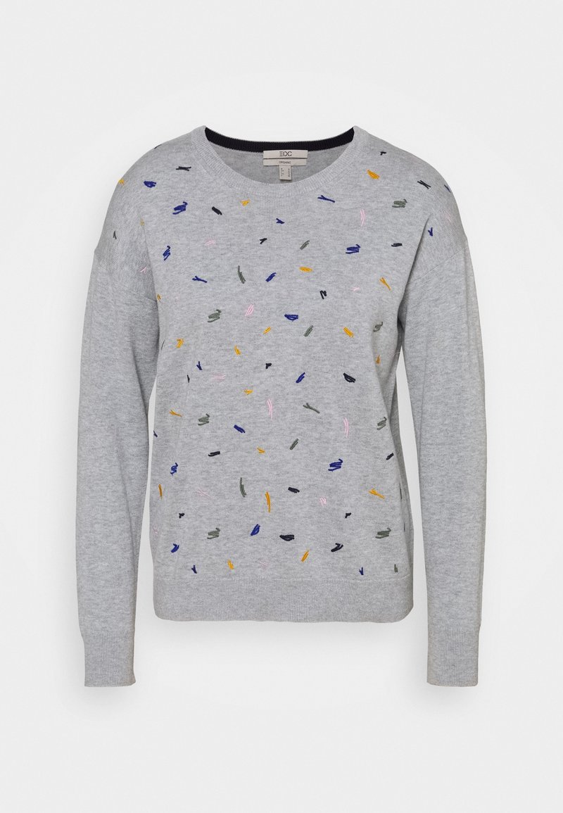 Sweat-shirt gris à col rond, orné d'accents brodés multicolores en différentes formes réparties sur le devant.