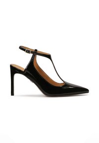 Mustha musta lakknahast slingback-kingo koos terava nina, T-riba disain, reguleeritav pahkluu klamber ja 4-tolline stiletto konts.