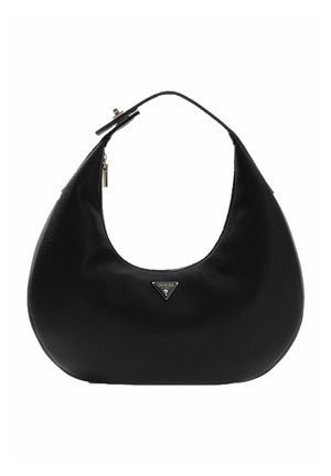 Sac à bandoulière en cuir noir de forme arrondie, fermeture éclair, et logo triangulaire argenté. Texture lisse et design minimaliste.