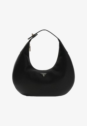 Sac à bandoulière en cuir noir de forme arrondie, fermeture éclair, et logo triangulaire argenté. Texture lisse et design minimaliste.