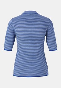 Blue polo shirt with short sleeves, featuring a textured pattern of small squares and a ribbed collar. Smooth fabric, minimalistic design.