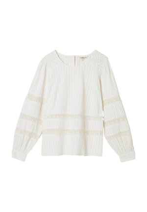 Balta blūze ar garām piedurknēm un apaļu kakla izgriezumu, teksturēts audums, mežģīņu ieliktņi uz piedurknēm un ķermeņa, plisušas piedurkņu detaļas un aizmugurē poga aizdare.