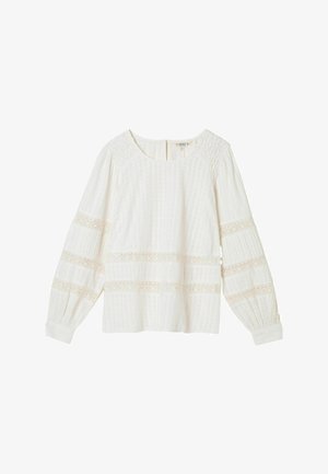 Valkoinen pitkähihainen paita pyöreällä pääntiellä, tekstuuripintainen kangas, pitsiset sisäosat hihoissa ja vartalossa, laskostetut hihadetaljit ja nappikiinnitys takana.