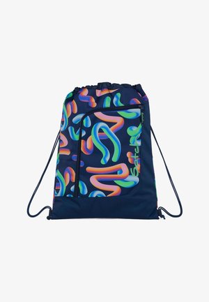 Schnürbeutel aus navy-blauem Stoff mit abstrakten, bunten Wellenmustern in Pink, Grün und Blau. Beinhaltet eine vordere Reißverschlusstasche.