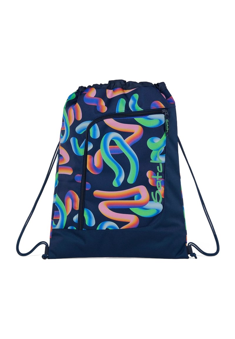 Schnürbeutel aus navy-blauem Stoff mit abstrakten, bunten Wellenmustern in Pink, Grün und Blau. Beinhaltet eine vordere Reißverschlusstasche.