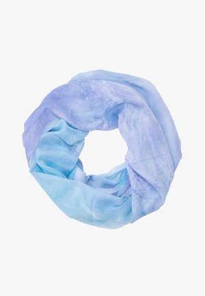 Écharpe en tissu doux bleu clair et lavande, torsadée en une boucle infinie, montrant une texture délicate et des dégradés de couleur subtils.