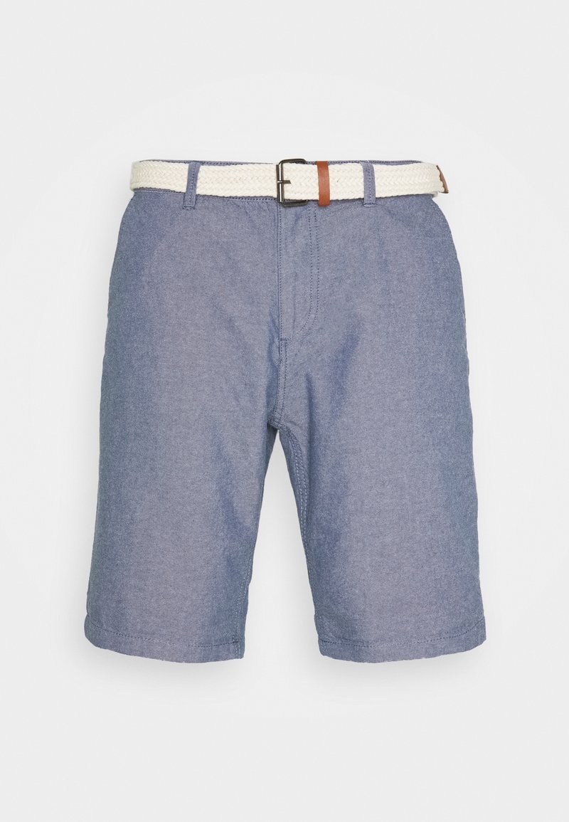 Light blue shorts made of cotton, featuring a woven white belt with a brown accent. The design includes flat front and side pockets.