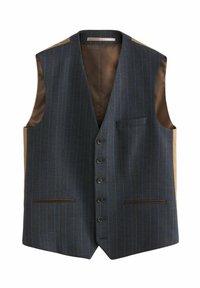 Dunkelblau gestreifte Weste mit V-Ausschnitt, sechs Knöpfen, seitlichen Eingrifftaschen, braunem Stoffbesatz und satinierter Innenauskleidung.