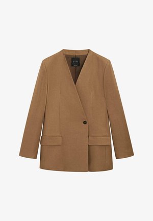 Brązowa marynarka na jeden guzik z długimi rękawami, dekoltem w serek i dwoma przednimi kieszeniami z patką.