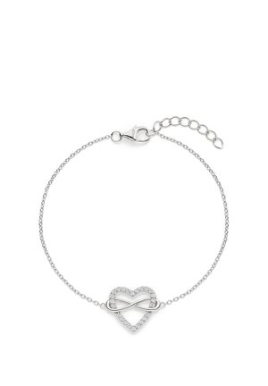 Sølvarmbånd med et hjerteformet design og et uendelighedssymbol, prydet med små funklende sten og en hummerlås med forlængerkæde.