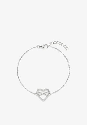Silbernes Armband mit einem herzförmigen Design und einem Unendlichkeitssymbol, verziert mit kleinen funkelnden Steinen, und einem Karabinerverschluss mit Verlängerungskette.