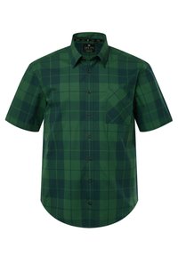 Camisa de manga corta, con botones, en diferentes tonos de cuadros verdes. Presenta un bolsillo en el pecho y un dobladillo redondeado. Fabricada con una tela suave.