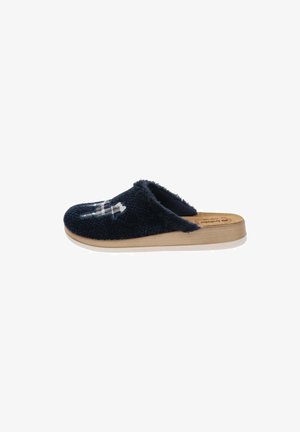 Pantofola foderata in pelliccia di colore blu navy con suola piatta e motivo a quadri sul davanti. Caratterizzata da un design aperto sul retro per una facile calzata.
