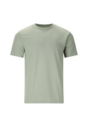 Schlichtes hellgrünes T-Shirt mit kurzen Ärmeln und Rundhalsausschnitt, mit einem kleinen, dezenten Logo auf der linken Brust, angezeigt vor weißem Hintergrund.