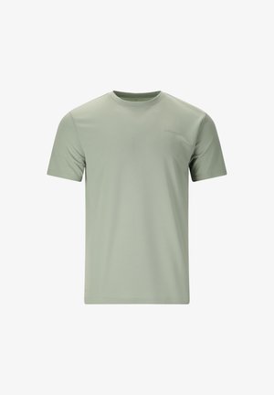 Schlichtes hellgrünes T-Shirt mit kurzen Ärmeln und Rundhalsausschnitt, mit einem kleinen, dezenten Logo auf der linken Brust, angezeigt vor weißem Hintergrund.