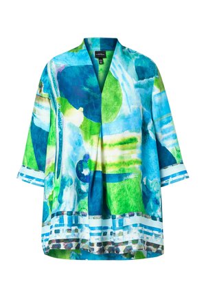 Bunda s otevřeným předním dílem, volným střihem, tříčtvrtečními rukávy a abstraktním akvarelovým vzorem v modrých, zelených a bílých tónech.