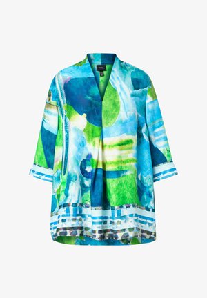 Chaqueta con abertura frontal, corte holgado, mangas tres cuartos y estampado abstracto de acuarela en tonos azules, verdes y blancos.