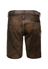 Shorts en cuir brun avec des motifs en relief, un lien à la taille, des poches avant et une poche latérale supplémentaire. Texture lisse.