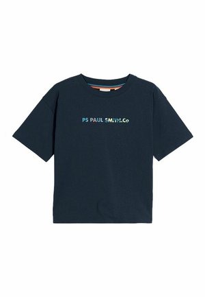 T-shirt bleu marine à manches courtes avec texte multicolore "PS PAUL SMITH.Co" sur la poitrine et col rond.
