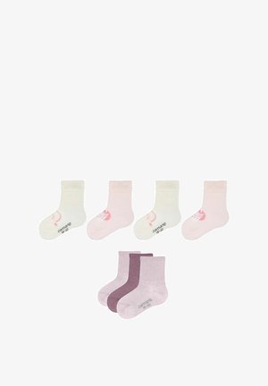 Cinque paia di calze: colori chiari tra cui bianco, rosa e lavanda. Materiale morbido, lunghezza alla caviglia, con motivi di cartoni animati su alcuni paia.