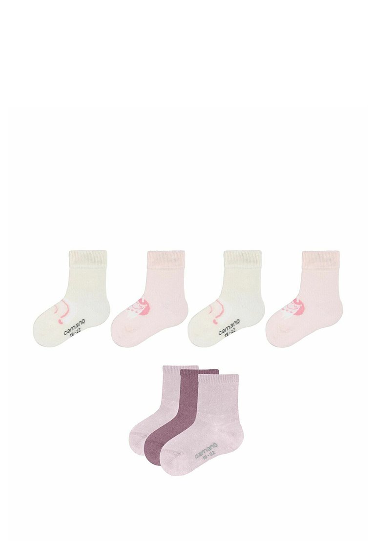 Fünf Paar Socken: helle Farben einschließlich Weiß, Rosa und Lavendel. Weiches Material, knöchellang, einige Paare mit Cartoon-Mustern.