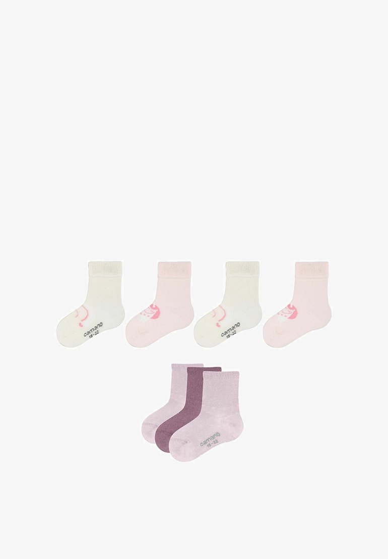 Pięć par skarpetek: jasne kolory, w tym biały, różowy i lawendowy. Miękki materiał, sięgające do kostki, z wzorami postaci z kreskówek na niektórych parach.