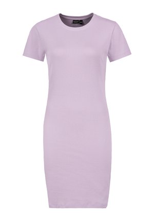 Short-sleeve, fitted dress in lilac ribbed fabric. Round neckline, stretchy material, knee-length design with clean edges and no patterns.