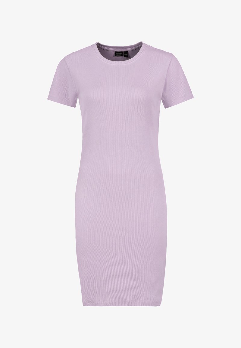 Kurzärmliges, tailliertes Kleid aus lila Rippstoff. Rundhalsausschnitt, elastisches Material, knielange Form mit sauberen Kanten und ohne Muster.