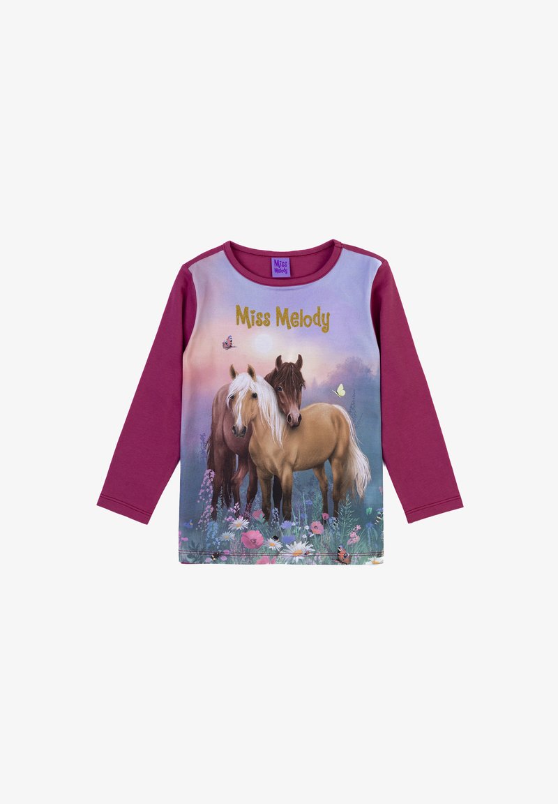 Maglietta a maniche lunghe viola con una grafica frontale che raffigura due cavalli su uno sfondo floreale, con il testo "Miss Melody" in oro.