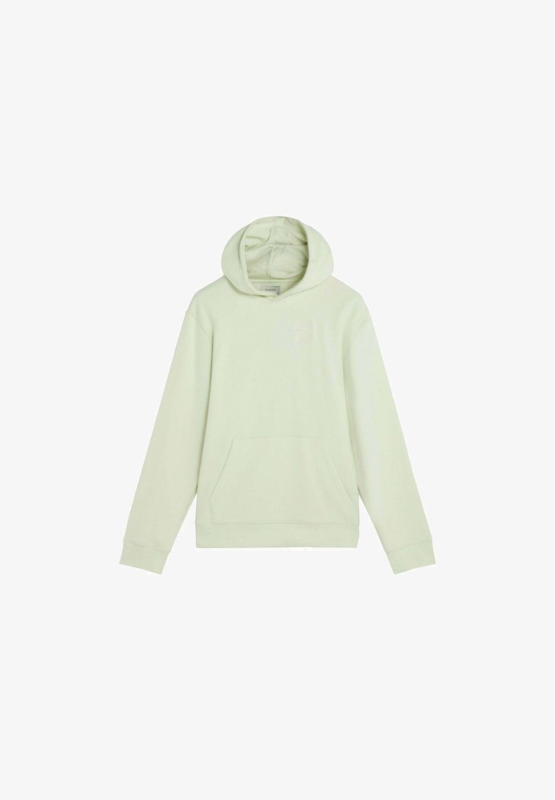 Sudadera con capucha verde claro, con bolsillo tipo canguro en la parte delantera y mangas largas, mostrada sobre fondo blanco.