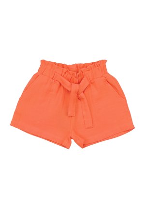 Orangefarbene Shorts mit hohem Bund, elastischem Taillenbund, Stoffgürtel vorne gebunden und Seitentaschen, auf weißem Hintergrund dargestellt.