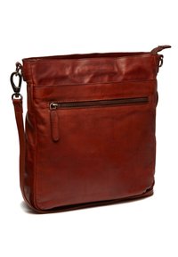 Borsa a tracolla in pelle marrone con texture liscia, chiusura superiore a zip e tasca frontale con zip. Presenta una tracolla regolabile e un branding minimalista.