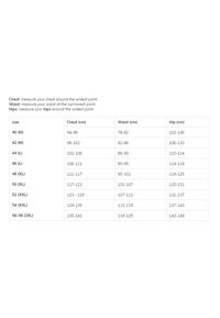 Tableau des tailles de vêtements avec mesures de poitrine, taille et hanches en centimètres pour les tailles 40 (M) à 56-58 (3XL), incluant des instructions de mesure.