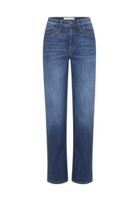 Blauwe denim jeans met een rechte pasvorm, voorzien van een ritssluiting, vijf zakken en subtiele vervaging details voor textuur. Lichtjes rafelige zoom.