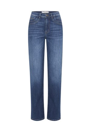 Jeans din denim albastru cu o croială dreaptă, având fermoar, cinci buzunare și detalii discrete de estompare pentru textură. Margine ușor desfăcută.