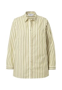 Camisa ligera de botones con rayas verticales en verde oliva y crema, cuello esparcido y dos bolsillos frontales. Mangas largas con puños.