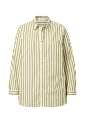 Kevyt nappikauluspaita, jossa on pystysuorat oliivinvihreät ja kermaiset raidat, levitetty kaulus ja kaksi etutaskua. Pitkät hihat nappikauluksilla.